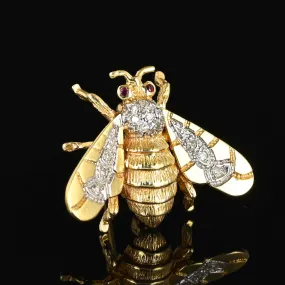 14K Gold Ruby Diamond Bumble Bee Brooch