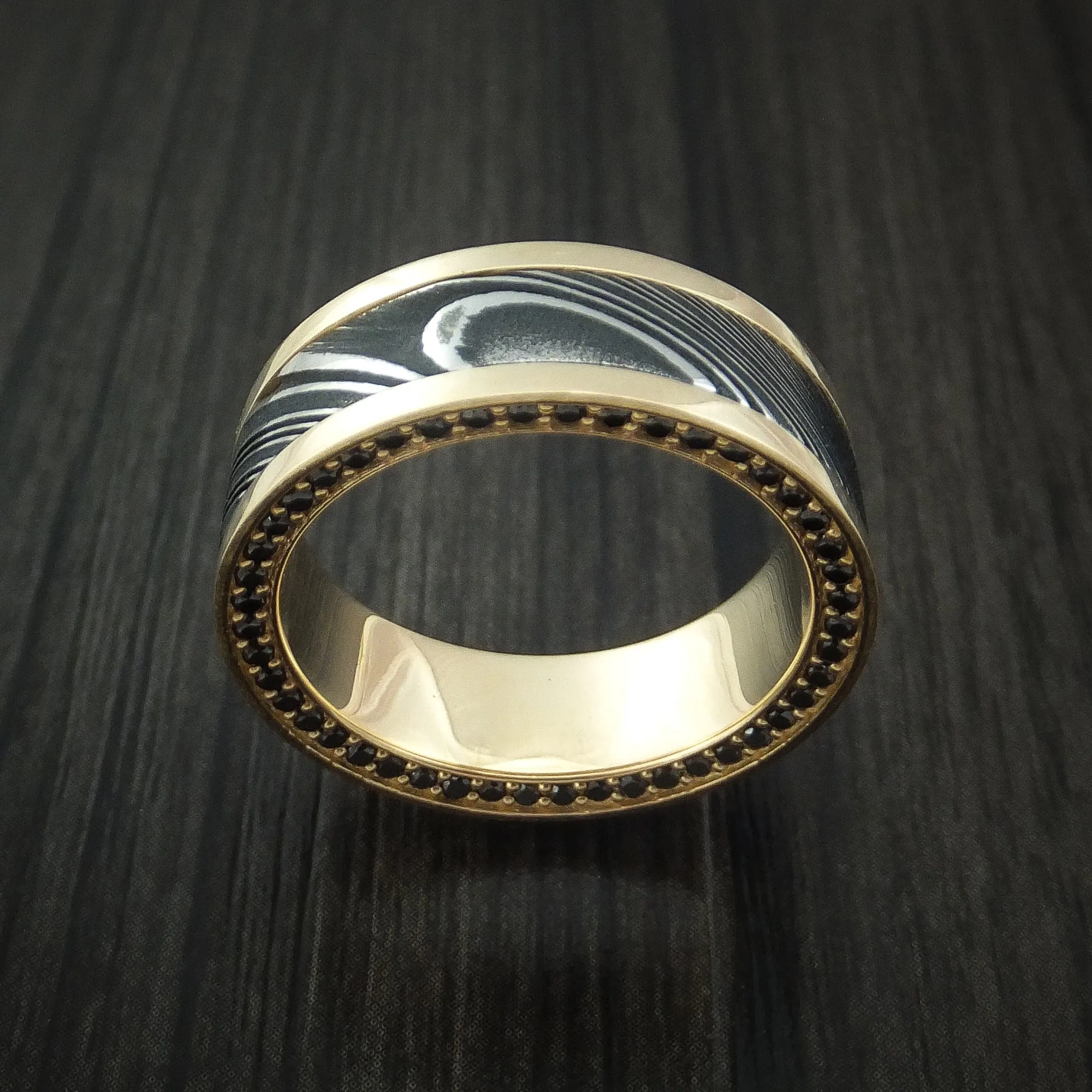 14K Yellow Gold and Kuro Damascus Steel Eternity Black Diamond Men's Ring Custom Made Band