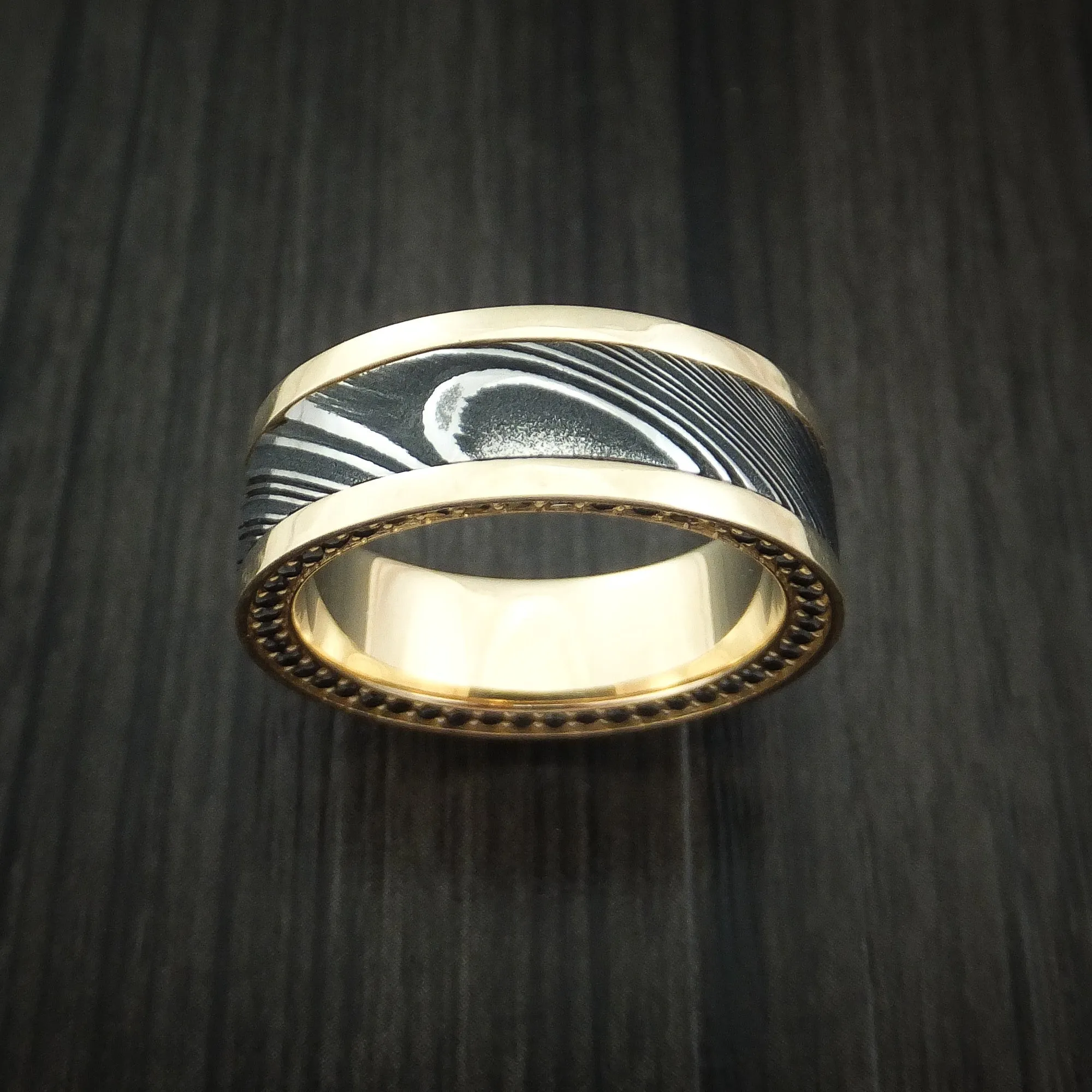 14K Yellow Gold and Kuro Damascus Steel Eternity Black Diamond Men's Ring Custom Made Band