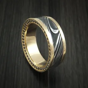 14K Yellow Gold and Kuro Damascus Steel Eternity Black Diamond Men's Ring Custom Made Band