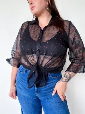 1990s Sheer Black and Red Polka Dot Blouse, sz. 2X