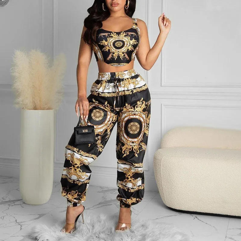 2022 Summer Women Clubwear Scarf Print Crop Top & High Waist Long Pant