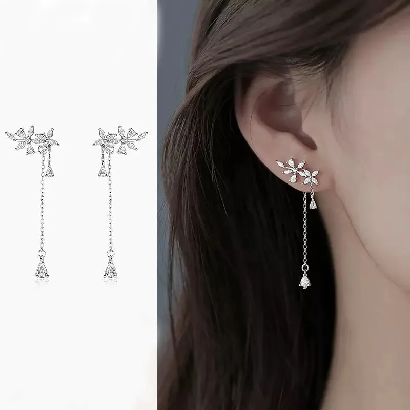 2024 New Fashion Korean Hanging Bowknot Pearl Earrings For Women Elegant Crystal Flower Long Tassel Drop Earring Ladies Jewelry