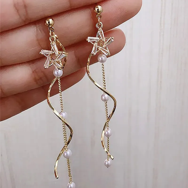 2024 New Fashion Korean Hanging Bowknot Pearl Earrings For Women Elegant Crystal Flower Long Tassel Drop Earring Ladies Jewelry