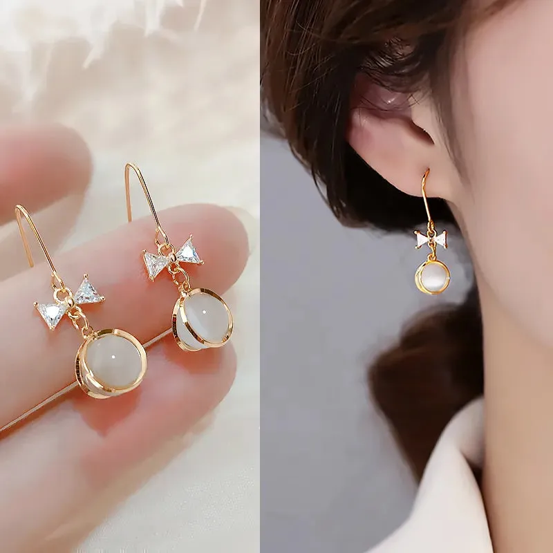 2024 New Fashion Korean Hanging Bowknot Pearl Earrings For Women Elegant Crystal Flower Long Tassel Drop Earring Ladies Jewelry