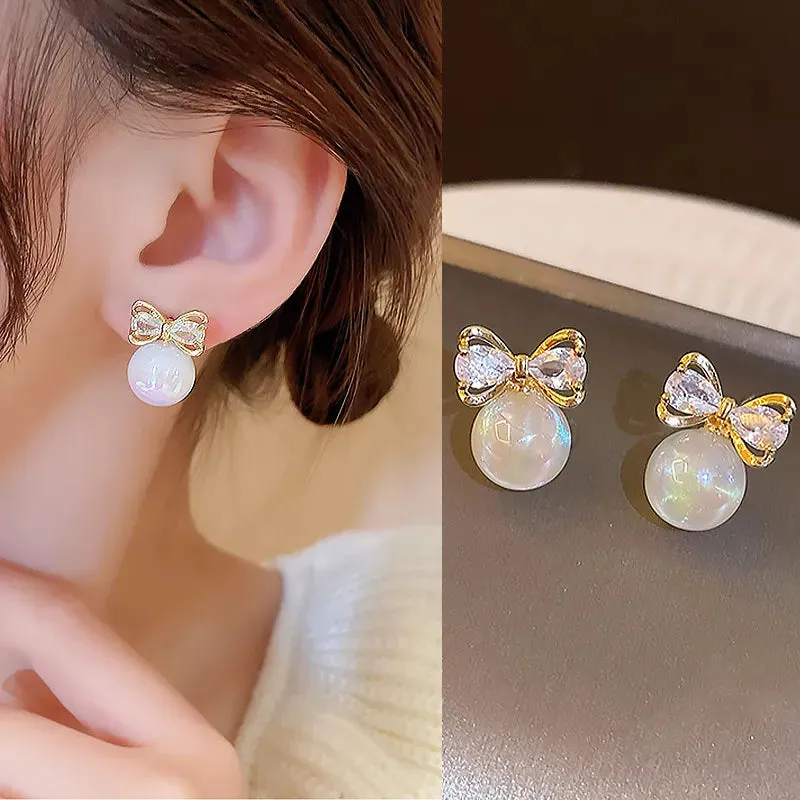 2024 New Fashion Korean Hanging Bowknot Pearl Earrings For Women Elegant Crystal Flower Long Tassel Drop Earring Ladies Jewelry