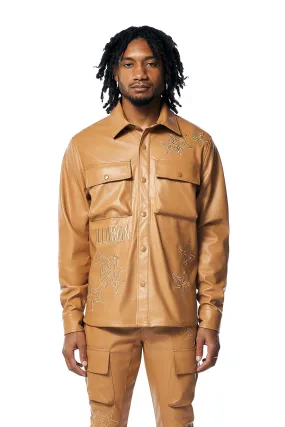 3D Embroidered & Patched Vegan Leather Overshirt - Tan