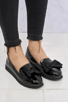 Ada Bow Detail Cleated Flatform Sole Loafers in Black Patent