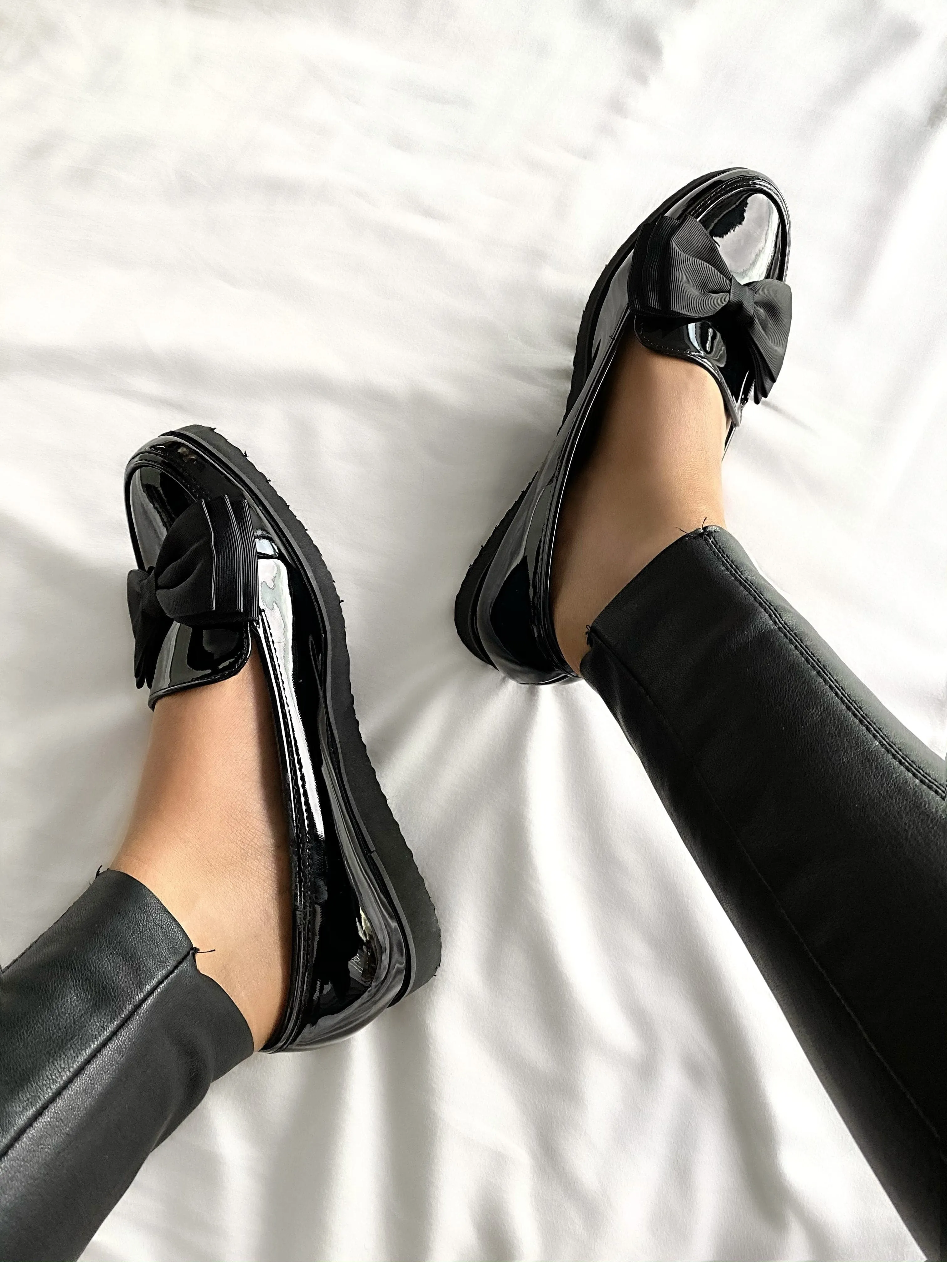 Ada Bow Detail Cleated Flatform Sole Loafers in Black Patent