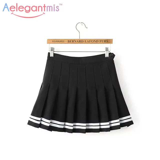 Aelegantmis Sweet Pleated Skirt Women Preppy Style Mini High Waist Skirt Girls Vintage Black White Cute School Uniforms Skirts