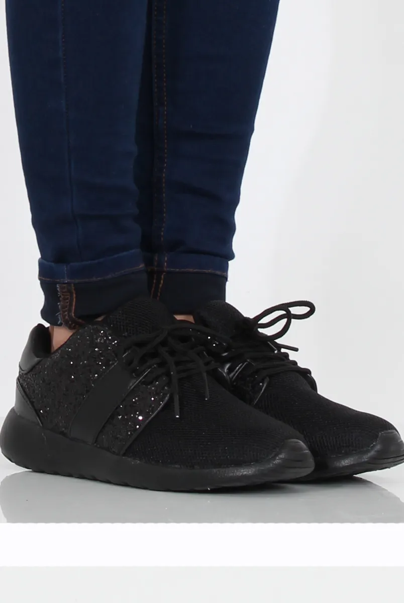 All Black Glitter Trainer - Rio