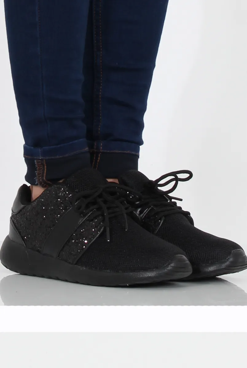 All Black Glitter Trainer - Rio