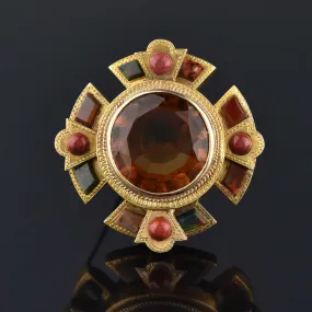 Antique Scottish Agate 20 CTW Citrine Brooch 14K Gold