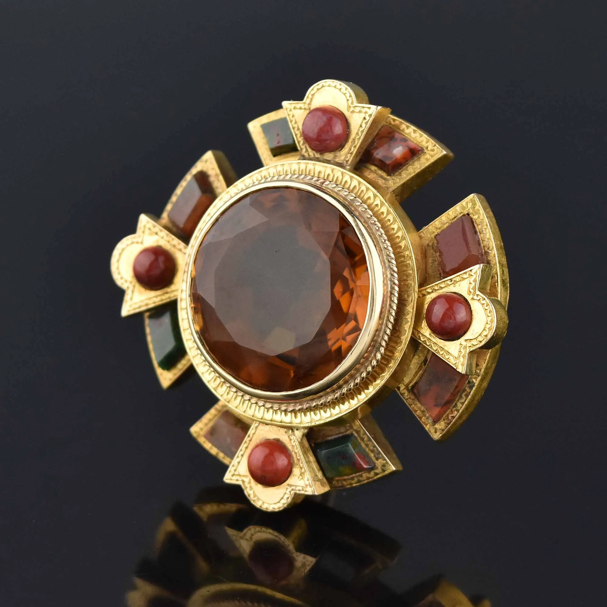 Antique Scottish Agate 20 CTW Citrine Brooch 14K Gold