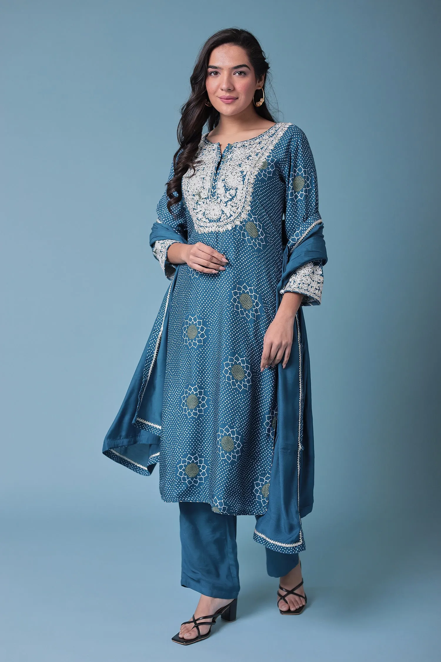 Bandhej Satin Silk Suit with Embroidered work