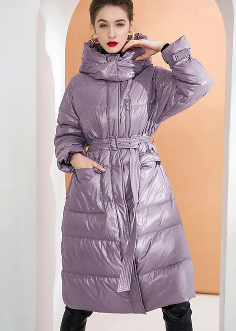 Belted Down Puffer Coat With Detachable Hood