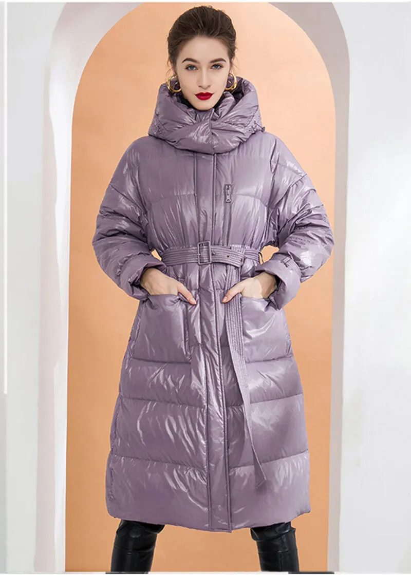 Belted Down Puffer Coat With Detachable Hood