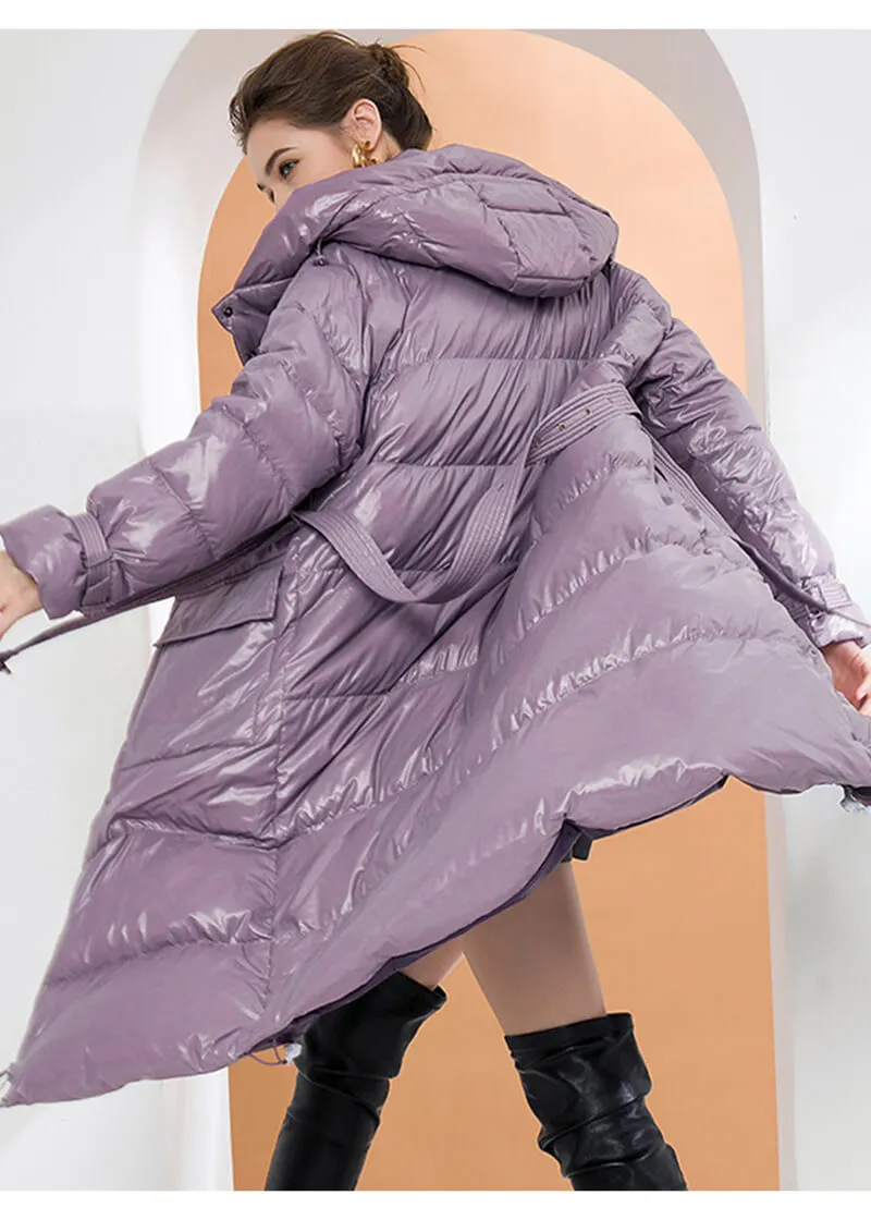 Belted Down Puffer Coat With Detachable Hood