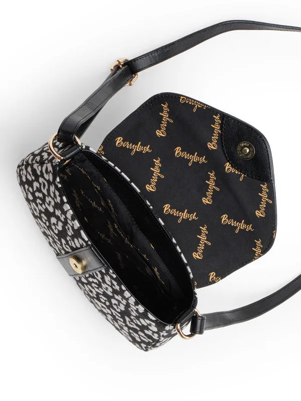 Berrylush Women Black & White Animal Printed Non-Detachable Strap Polyester Sling Bag