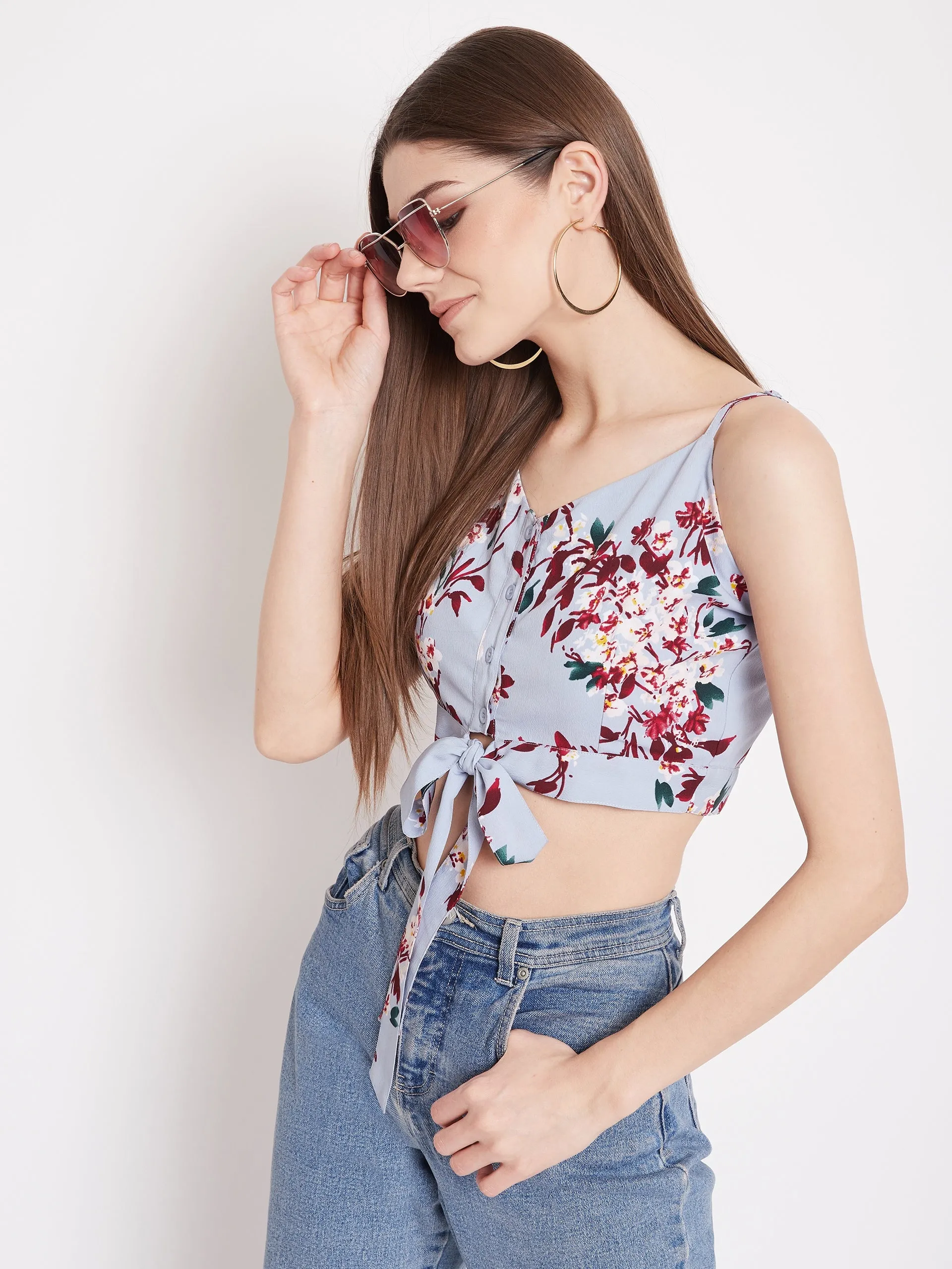 Berrylush Women Blue Floral Printed Strappy Front Tie Crop Top