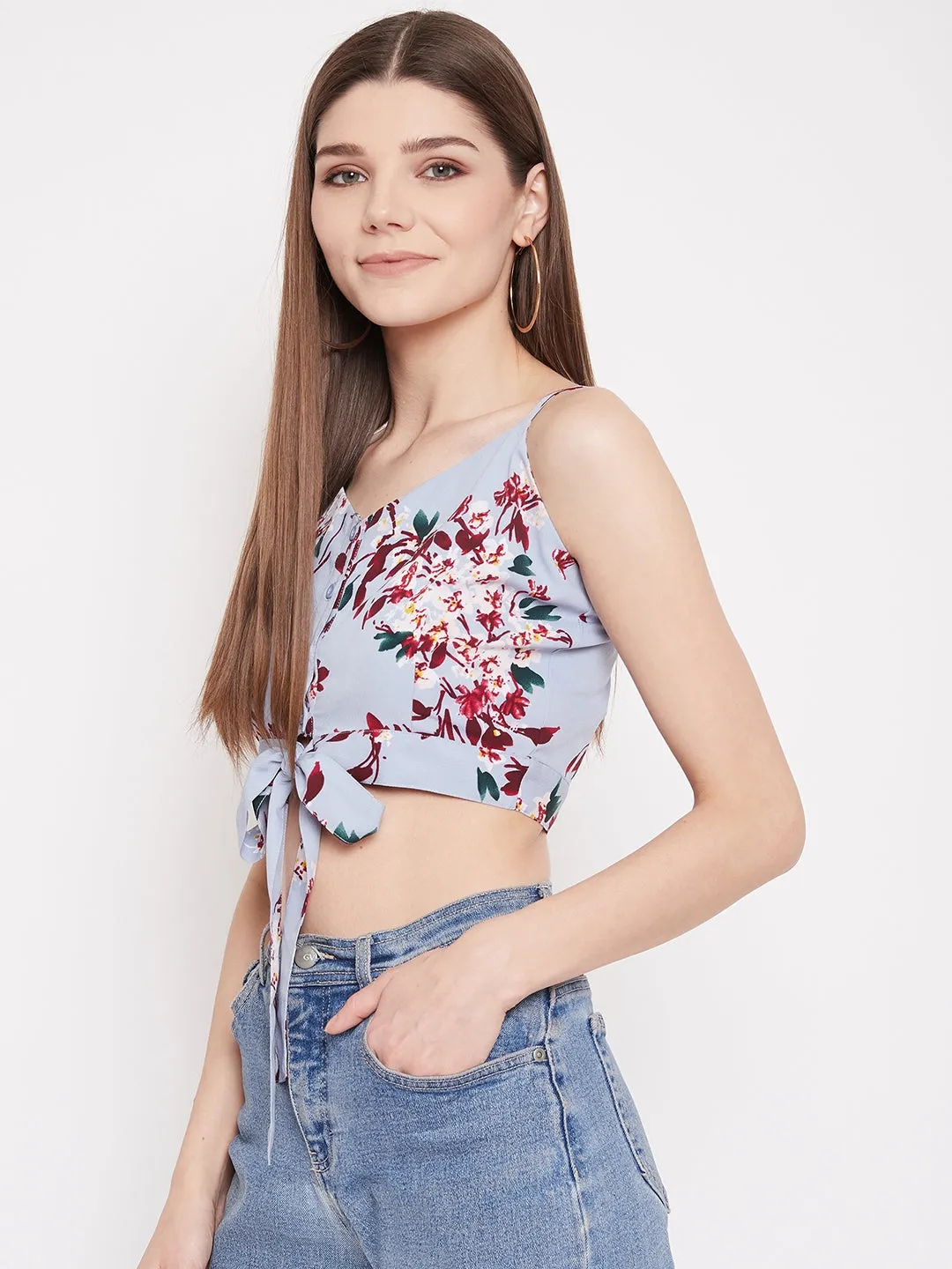 Berrylush Women Blue Floral Printed Strappy Front Tie Crop Top