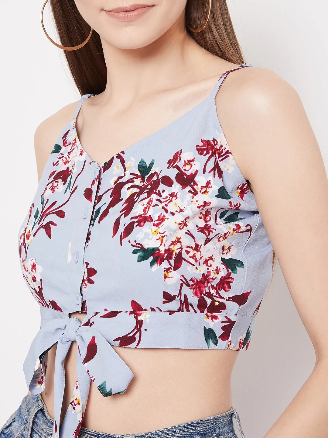 Berrylush Women Blue Floral Printed Strappy Front Tie Crop Top