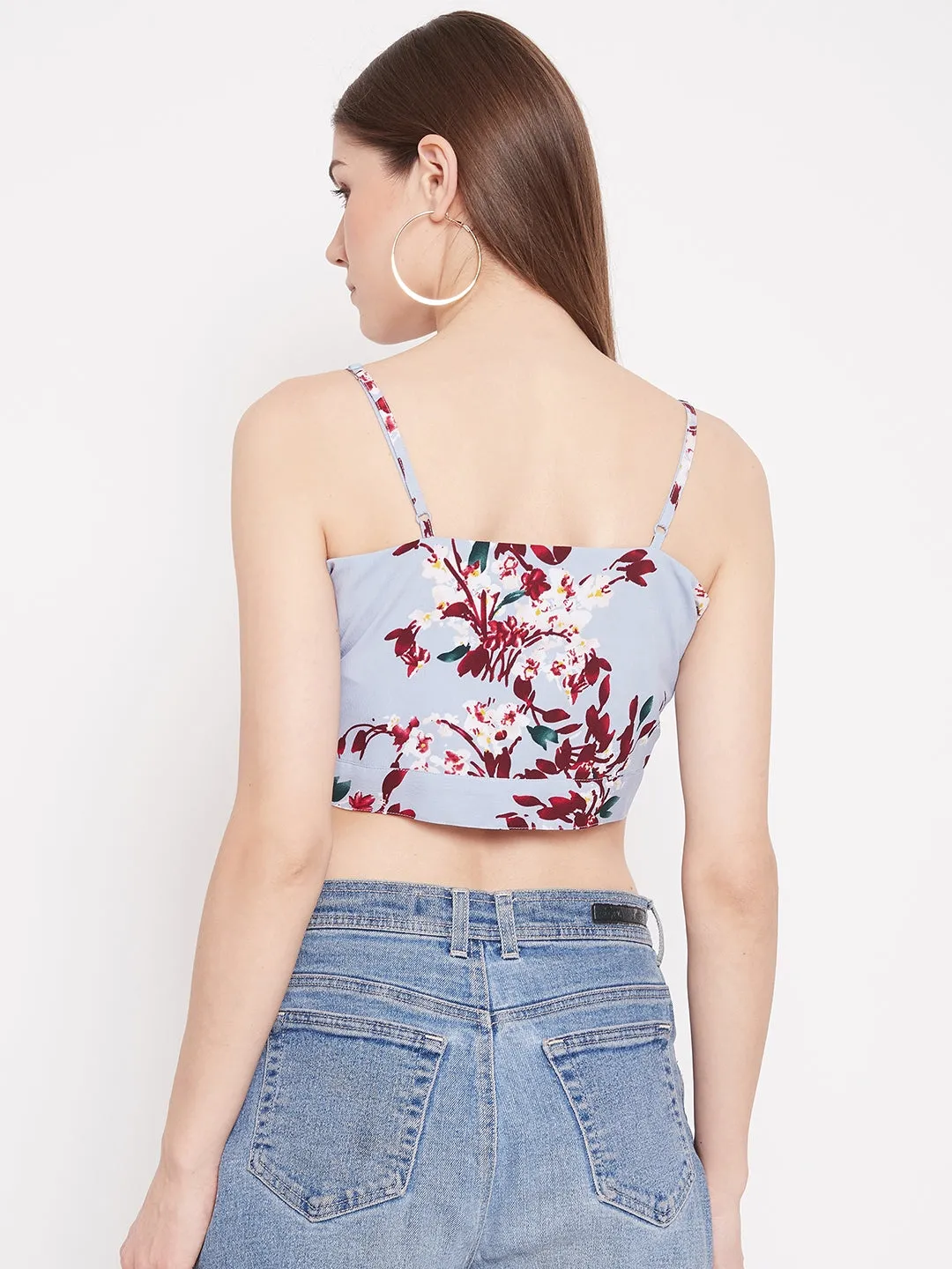 Berrylush Women Blue Floral Printed Strappy Front Tie Crop Top