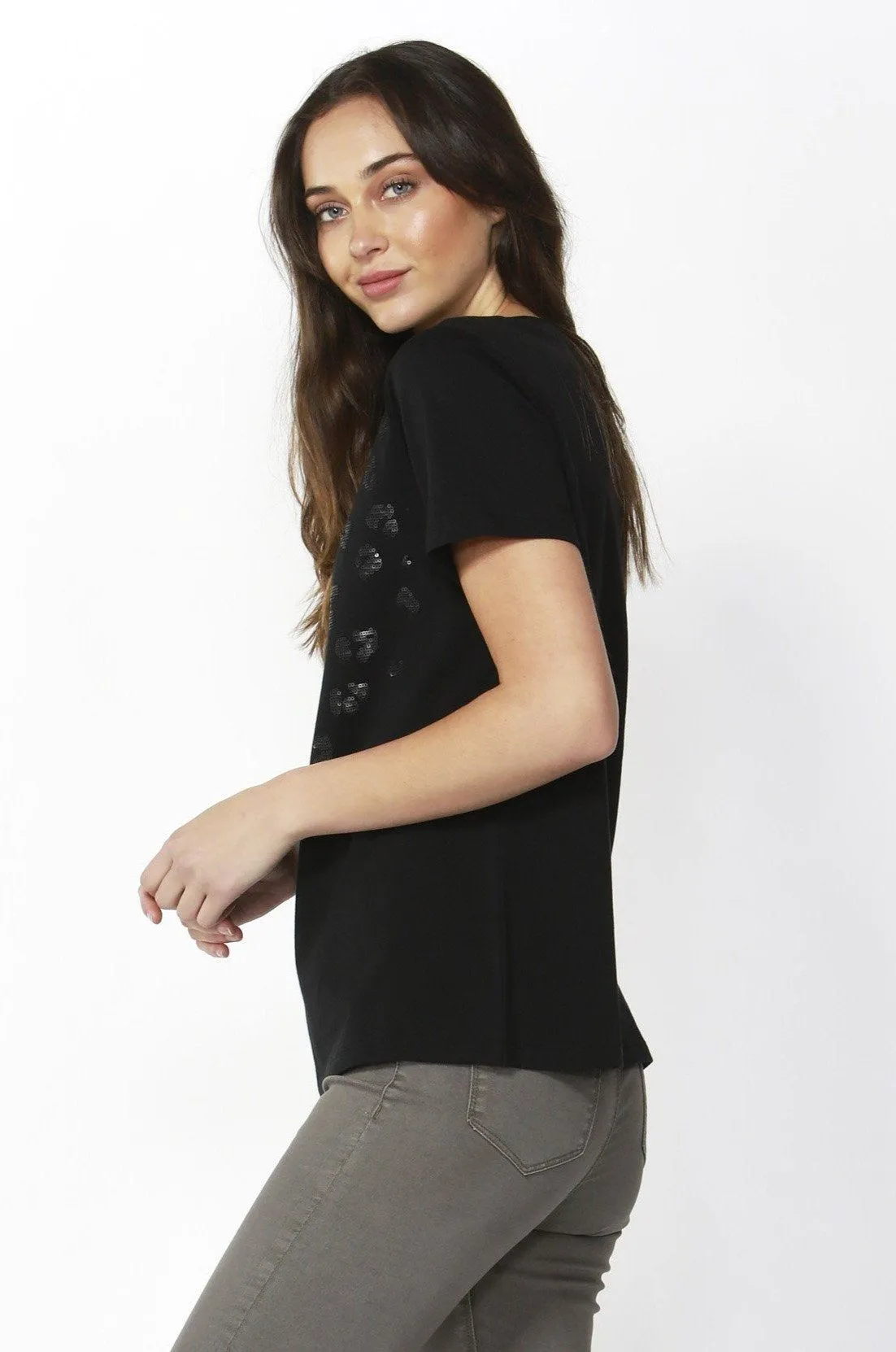 Betty Basics Cara Tee in Black with Leopard Sequin Trim