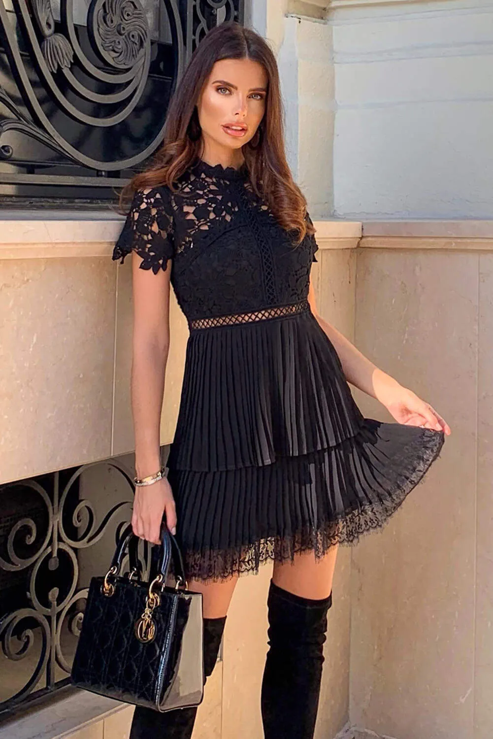 Black Crochet Pleated Tiered Dress