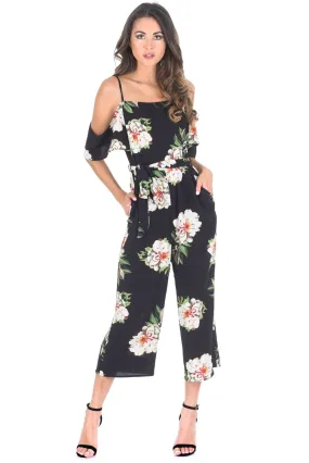 Black Floral Cold Shoulder Culotte Jumpsuit