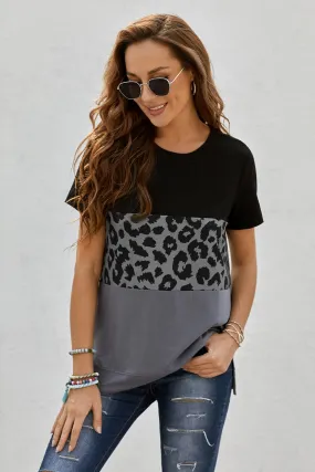 Black Gray Leopard Print Color Block Short Sleeve T-Shirt