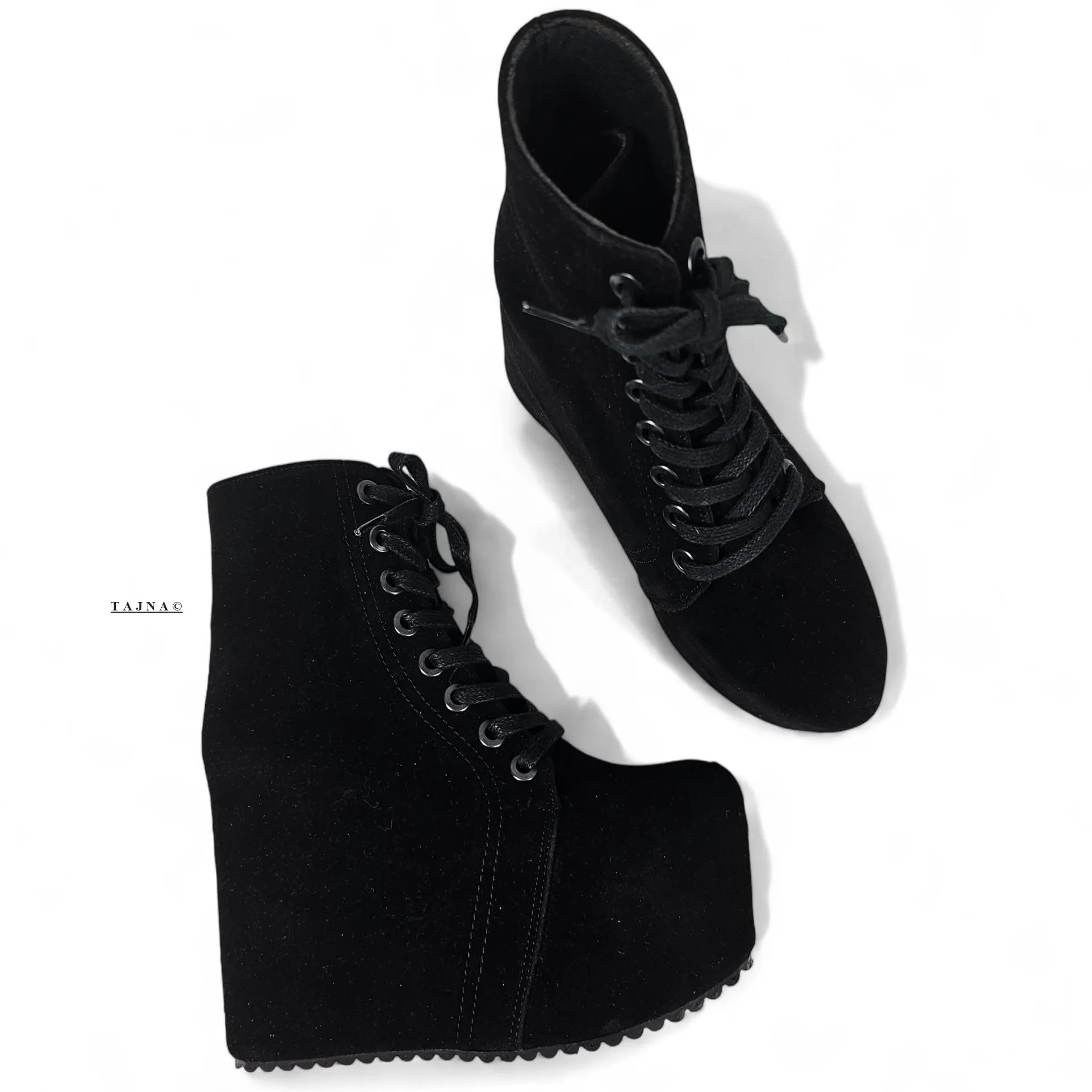 Black Hidden Platform Wedge Lace Up Booties