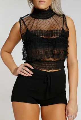 Black Lace High Neck Crop Top