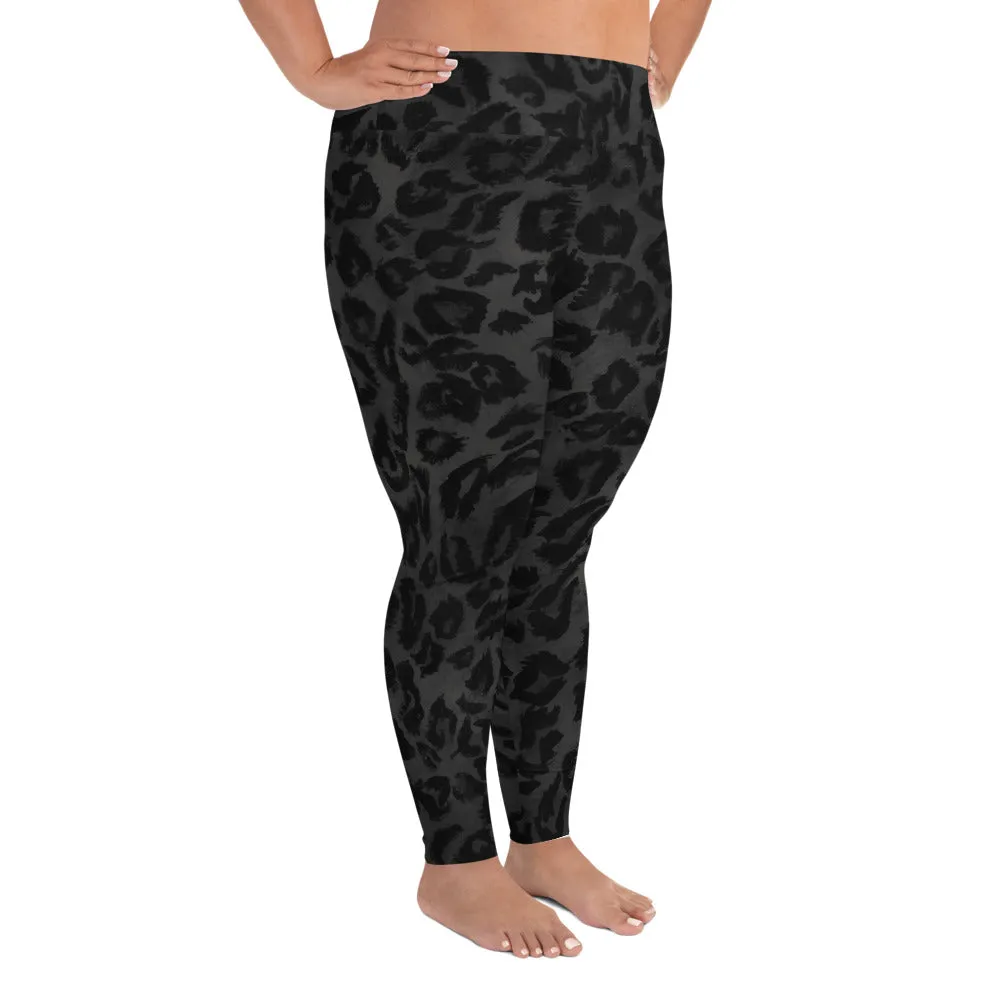 Black Leopard Women's Leggings, Plus Size, Animal Print Long Yoga Pants-Made in USA/EU