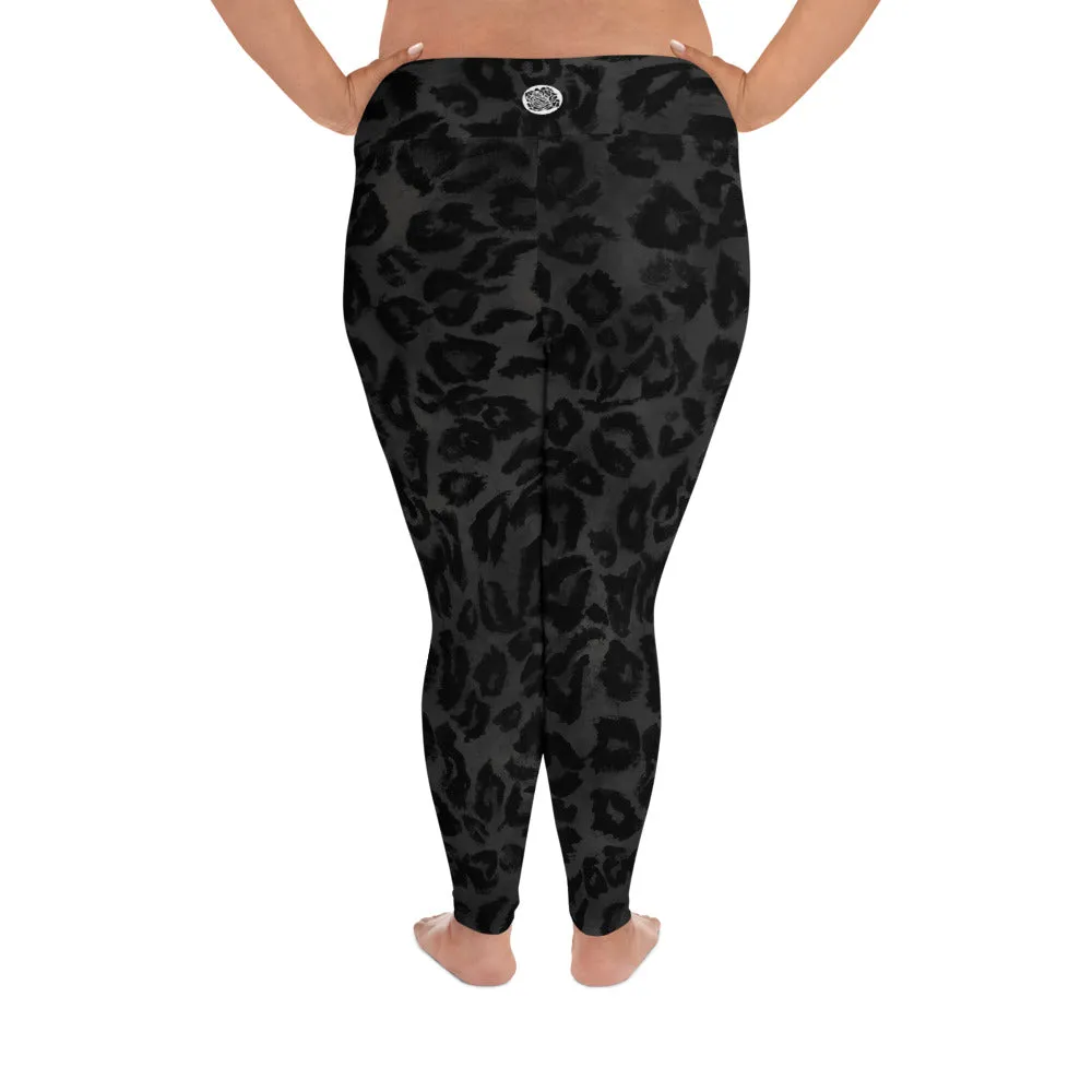 Black Leopard Women's Leggings, Plus Size, Animal Print Long Yoga Pants-Made in USA/EU