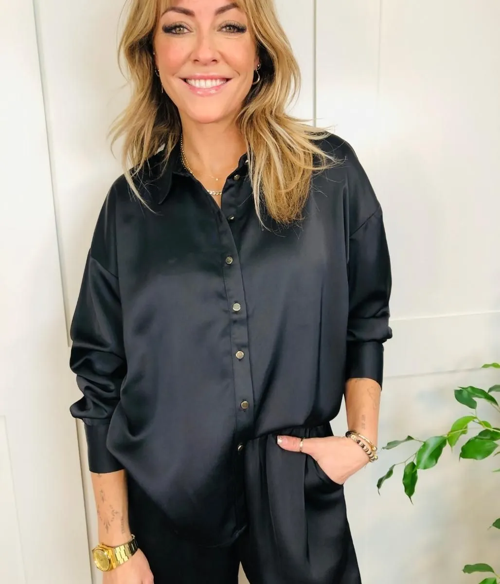 Black Rena Satin Oversized Shirt