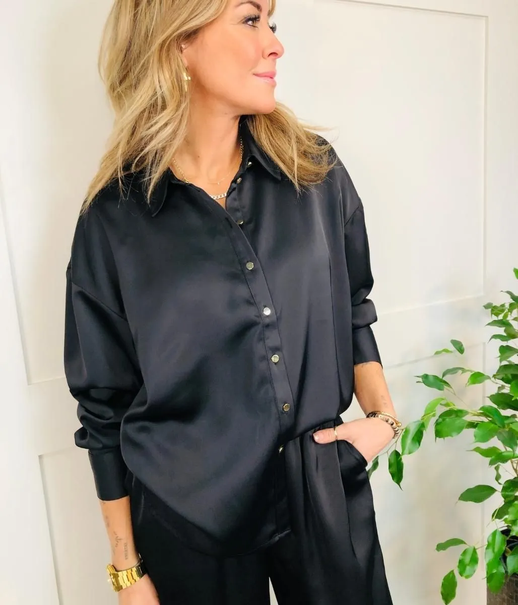 Black Rena Satin Oversized Shirt