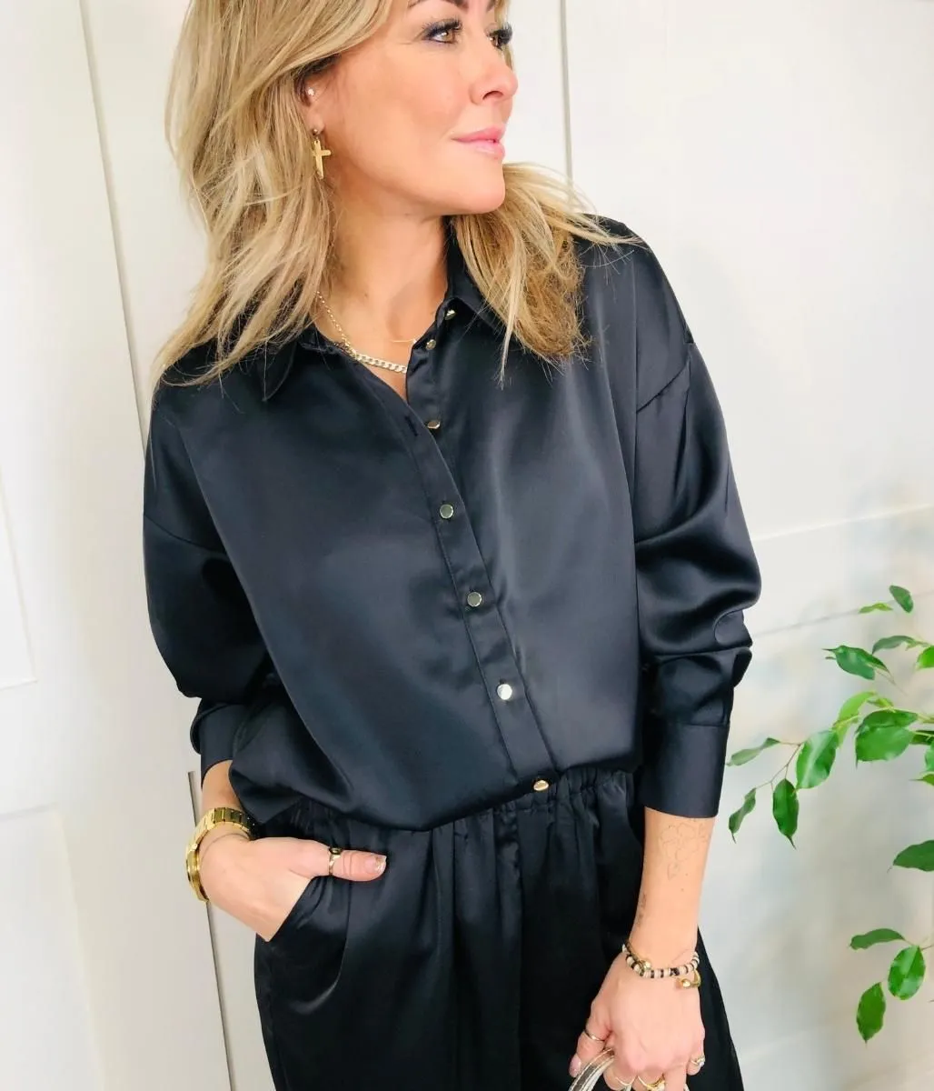 Black Rena Satin Oversized Shirt