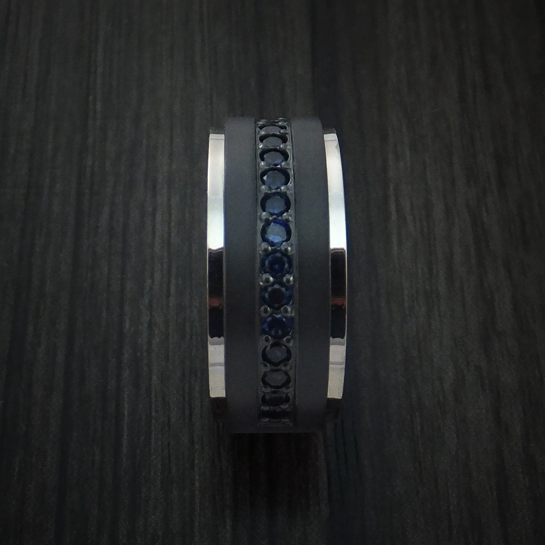 Black Titanium Men's Band with 14K White Gold Edges and 16 Beautiful Sapphires