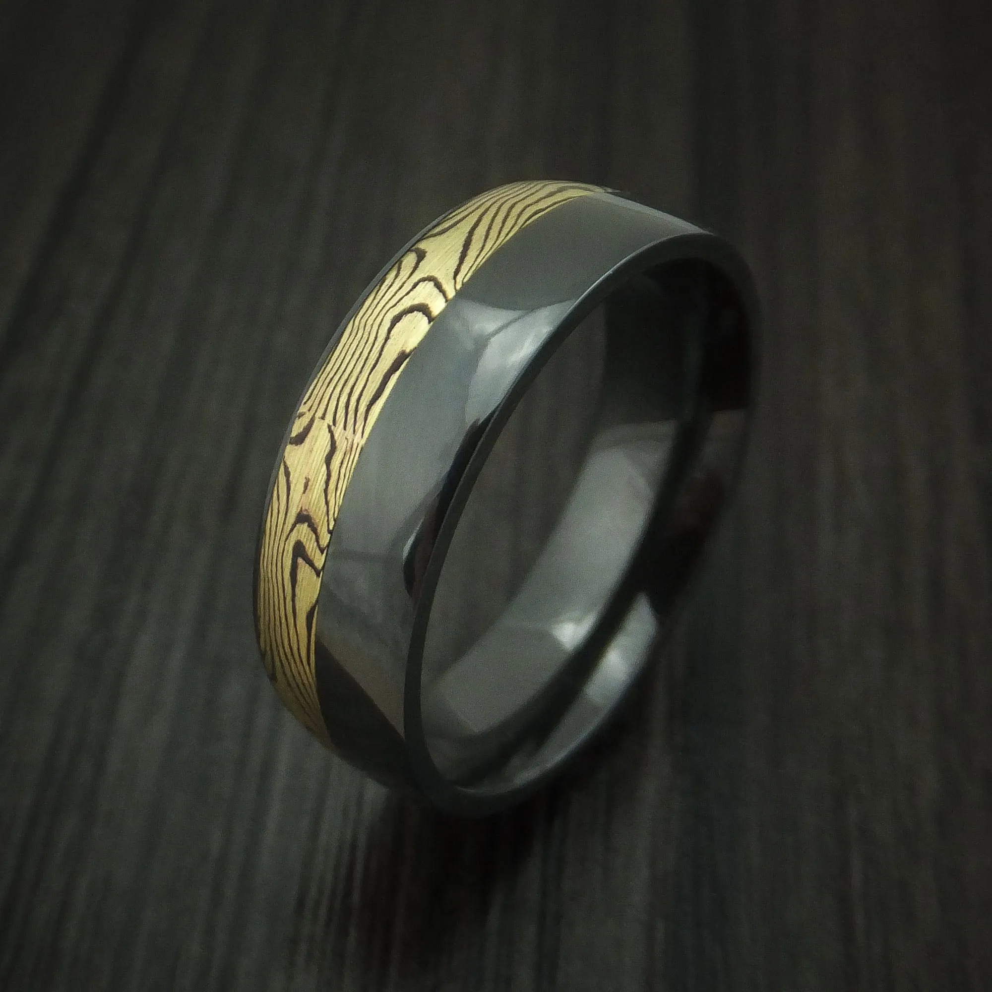 Black Zirconium And Yellow Gold Mokume Shakudo Men's Ring Custom Made Band