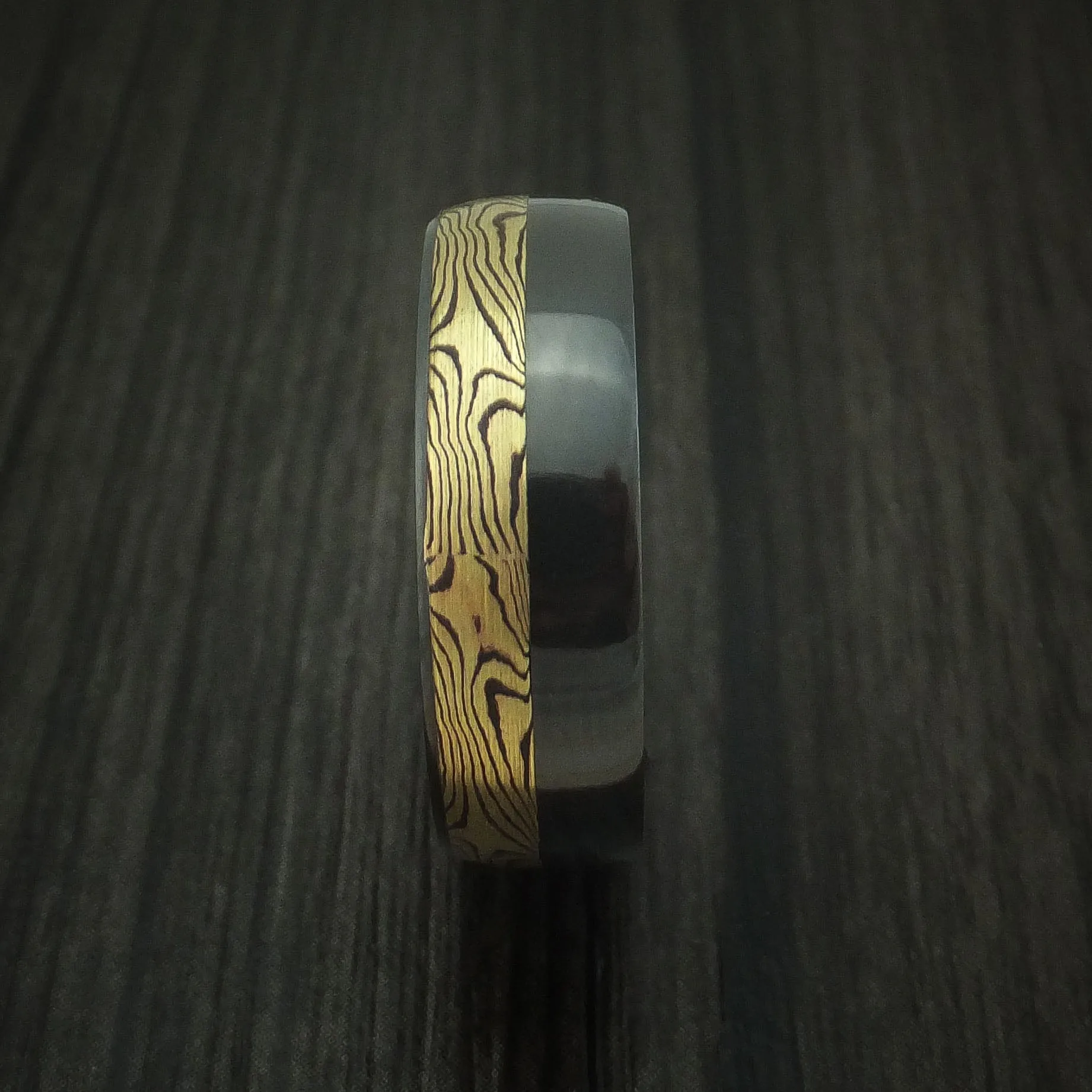 Black Zirconium And Yellow Gold Mokume Shakudo Men's Ring Custom Made Band