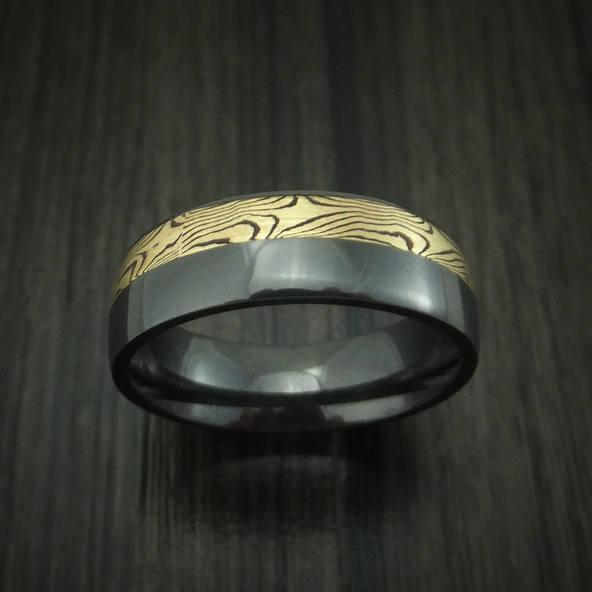 Black Zirconium And Yellow Gold Mokume Shakudo Men's Ring Custom Made Band