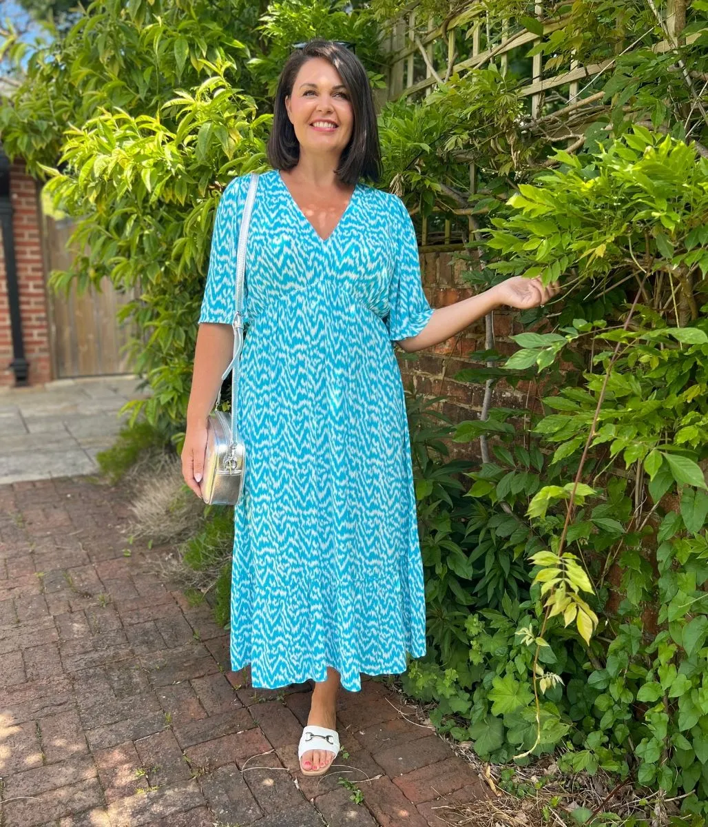 Blue Ikat Print Midi Dress