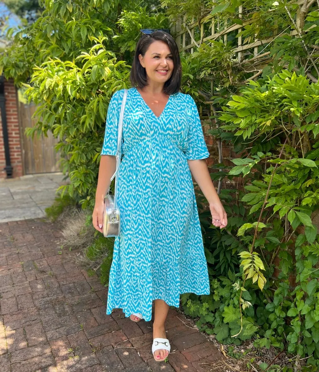 Blue Ikat Print Midi Dress