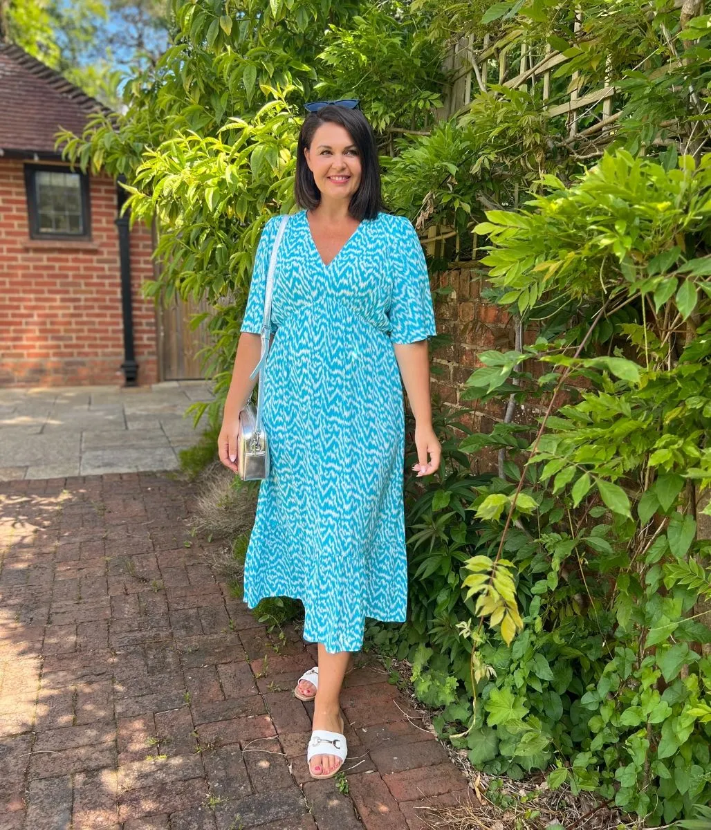 Blue Ikat Print Midi Dress