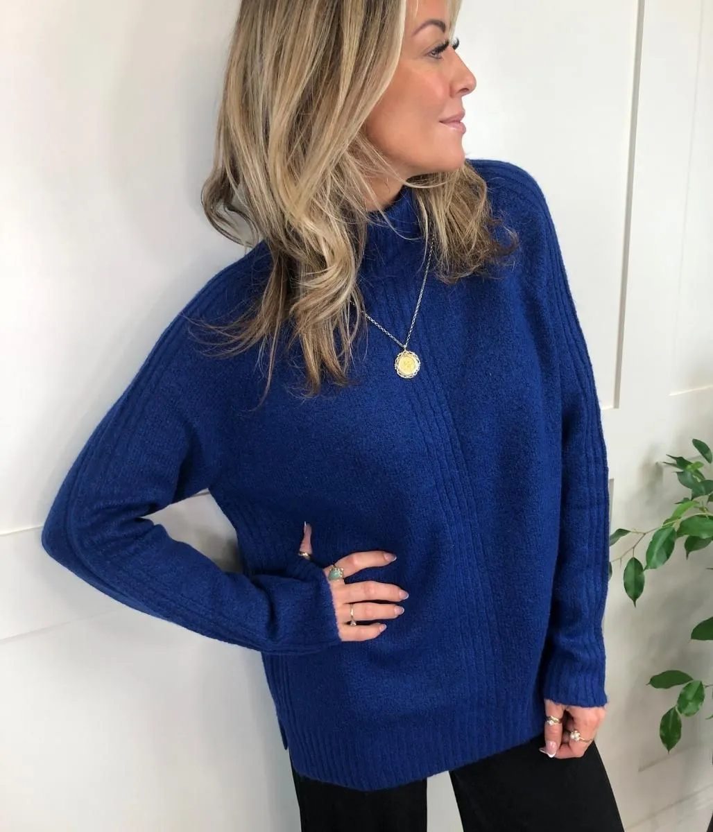 Blue Roll Neck Ribbed Panel Jumper