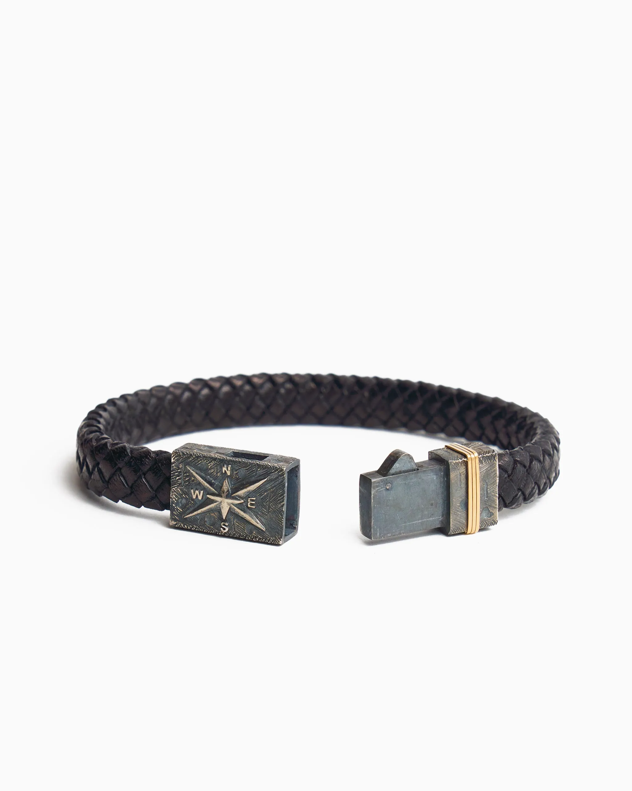 Braided Leather Bracelet with Compass Clasp