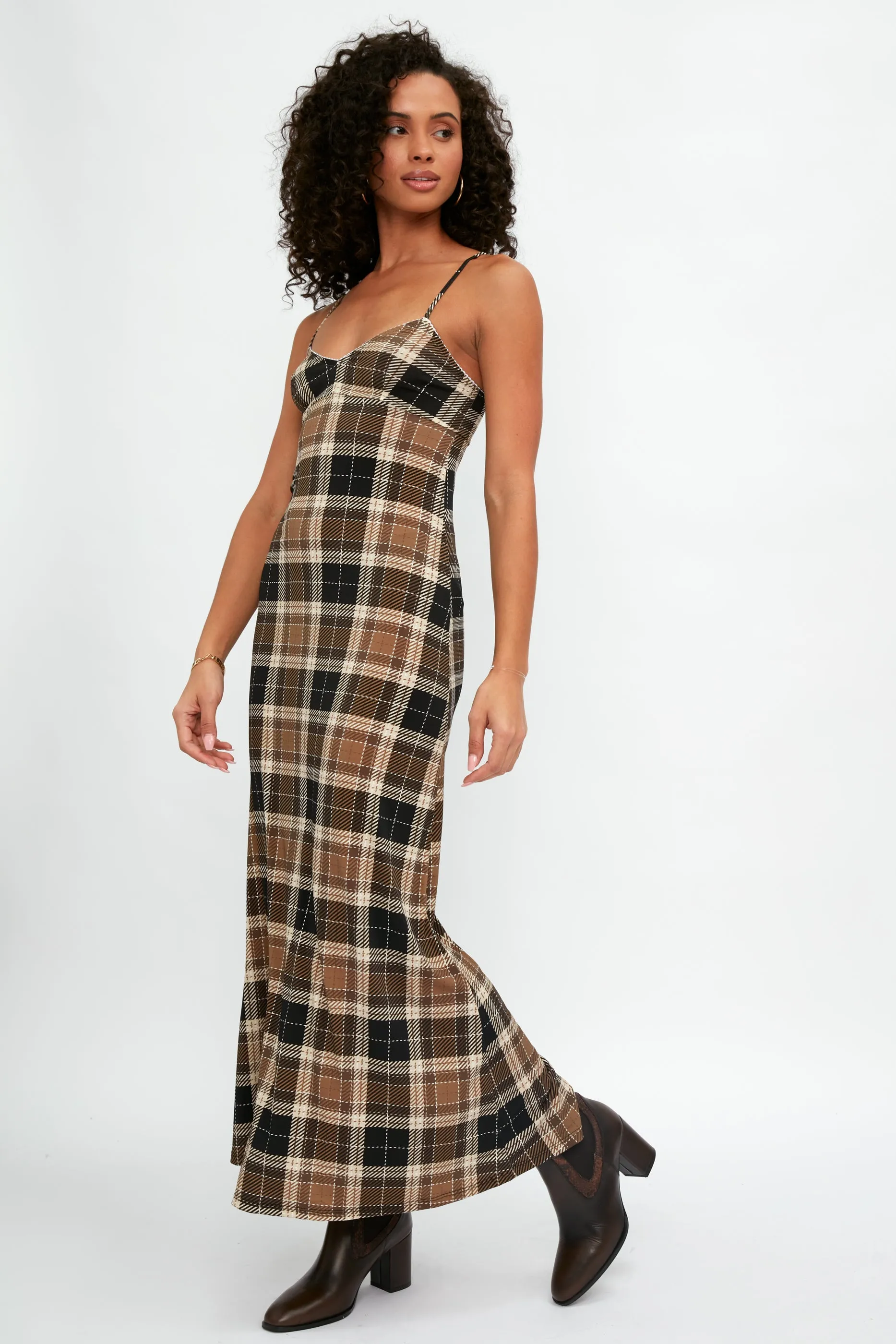 Calla Silk Maxi Dress in Tartan Nocciola