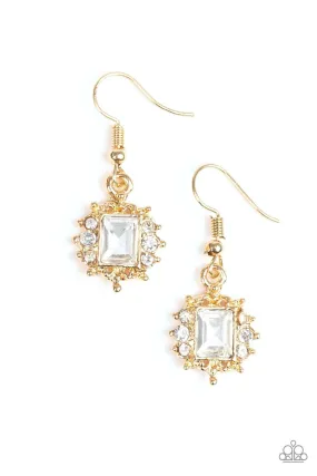 Can't Stop The REIGN Gold and White Rhinestone Earrings - Paparazzi Accessories