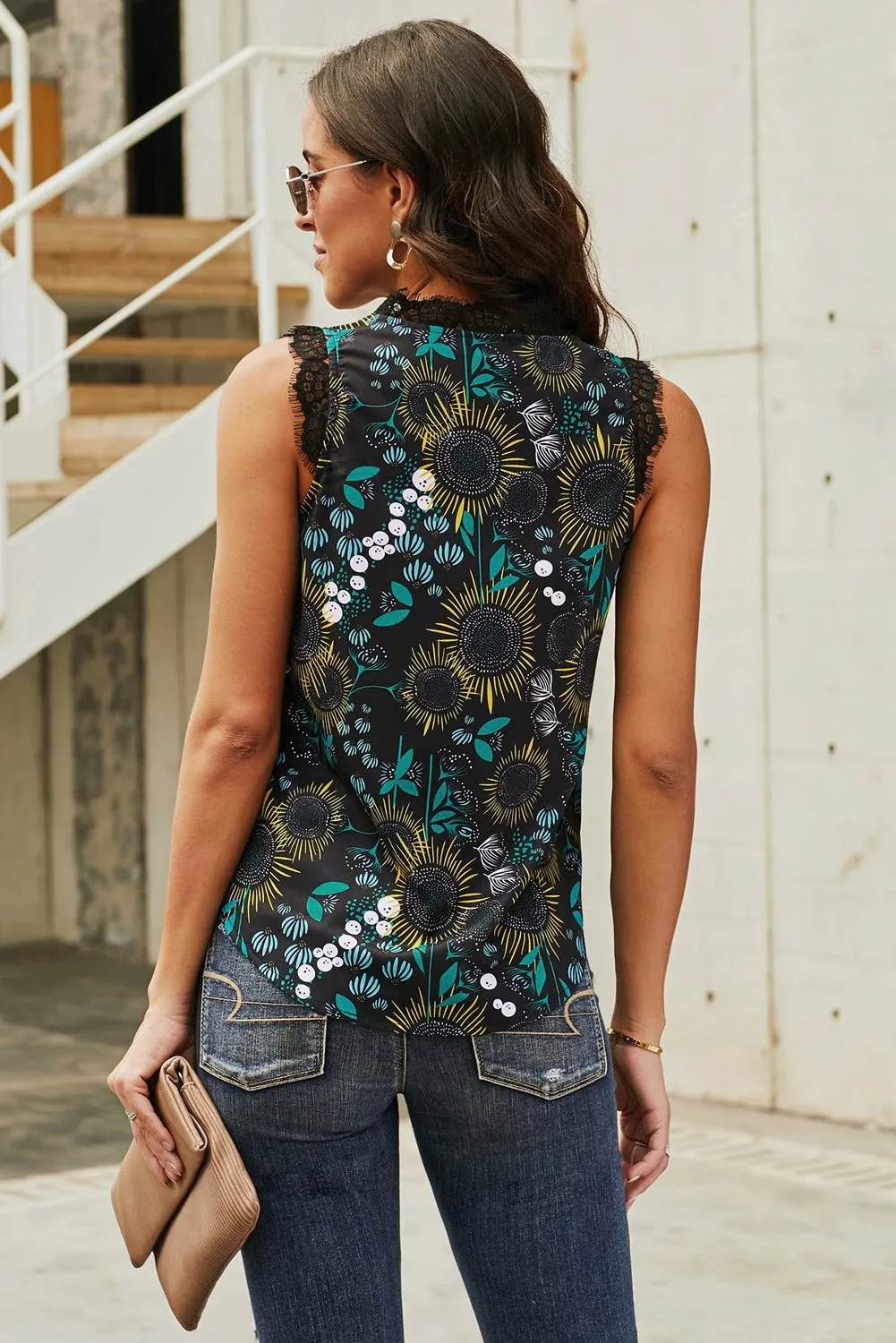 Casual Black V Neck Lace Trim Floral Tank